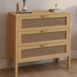 Commode 3 tiroirs EDHEN 80 cm cannage coloris bois