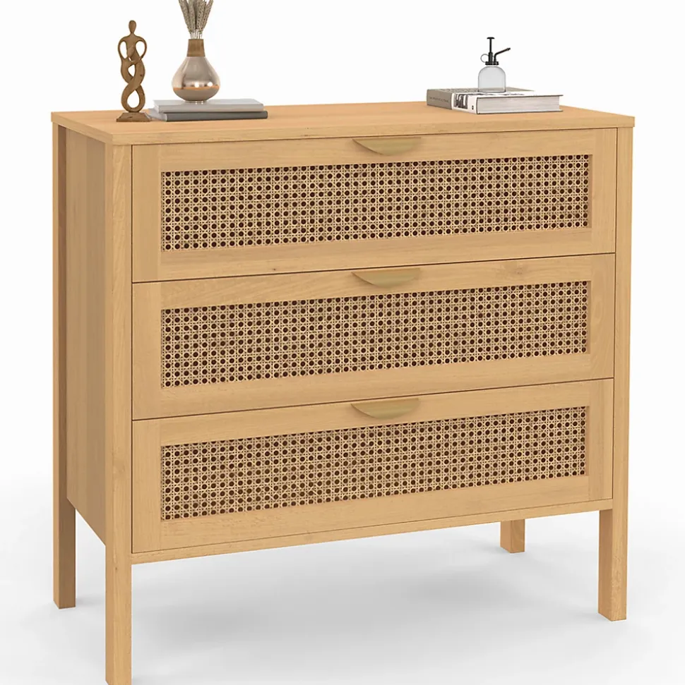 Commode 3 tiroirs EDHEN 80 cm cannage coloris bois