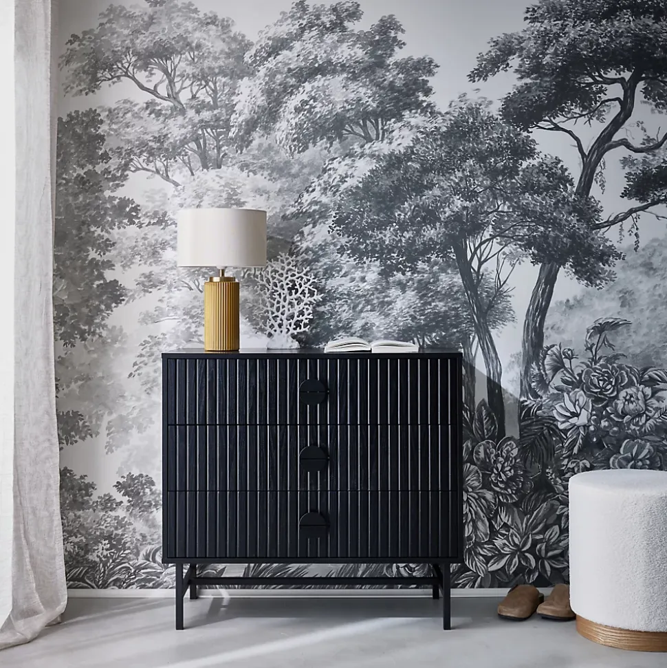Commode 3 tiroirs effet bois rainuré noir BAZALT