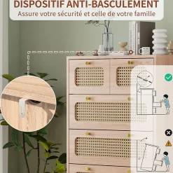 Commode 5 tiroirs en bois naturel avec façades en rotin tressé, cadre en bois massif
