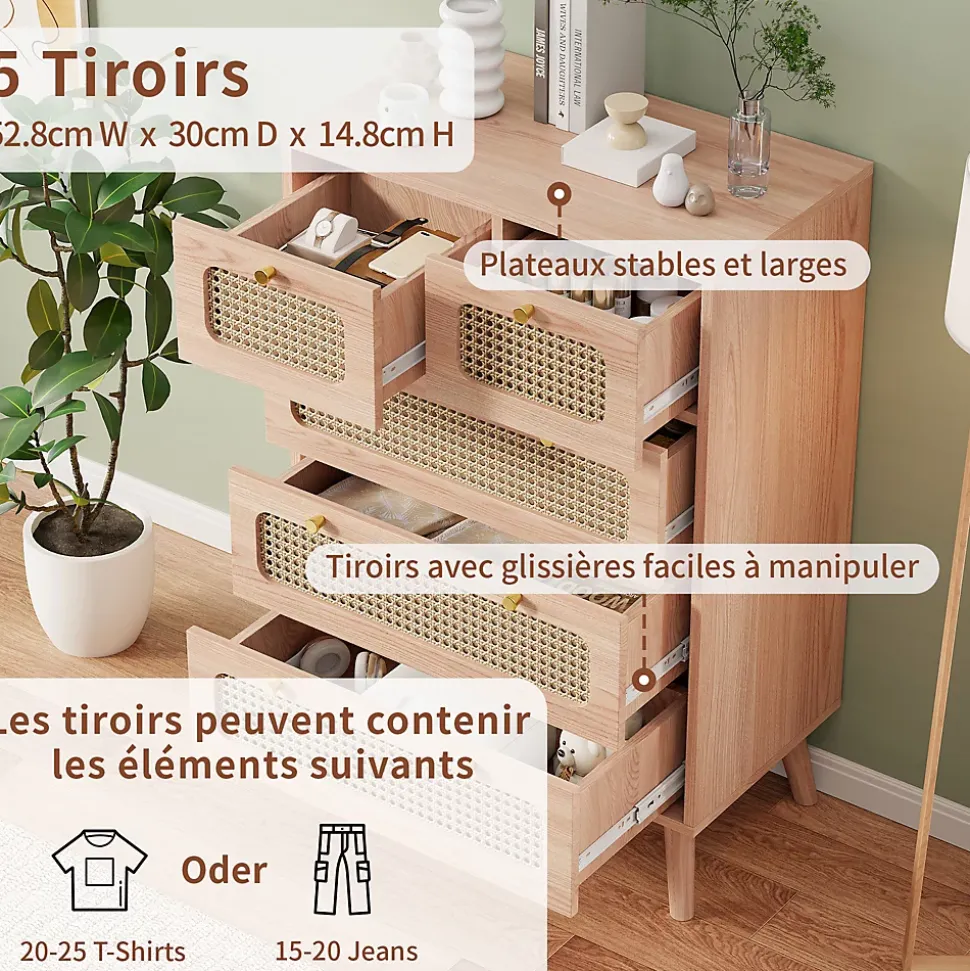 Commode 5 tiroirs en bois naturel avec façades en rotin tressé, cadre en bois massif