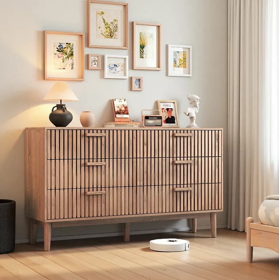 Commode 6 tiroirs en bois naturel, design, grande capacité de rangement, structure robuste et stable pour chambre ou salon