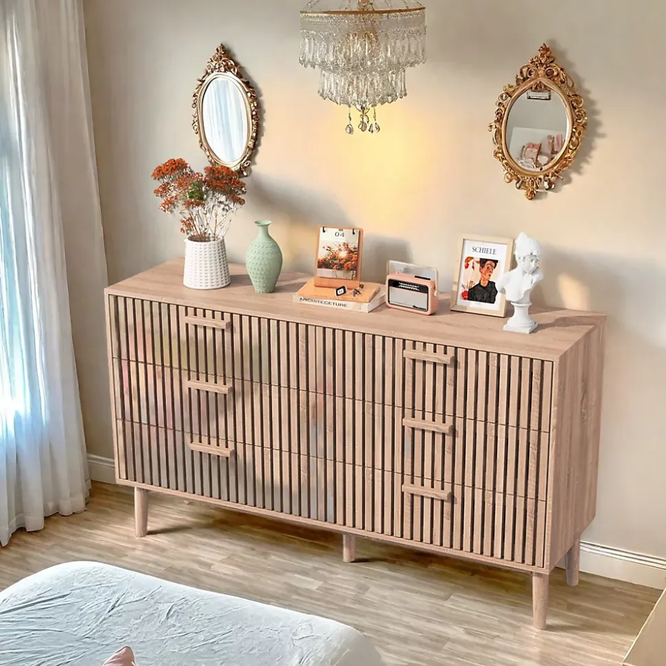 Commode 6 tiroirs en bois naturel, design, grande capacité de rangement, structure robuste et stable pour chambre ou salon