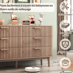 Commode 6 tiroirs en bois naturel, design, grande capacité de rangement, structure robuste et stable pour chambre ou salon