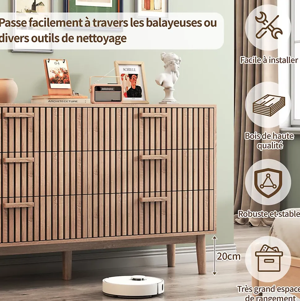 Commode 6 tiroirs en bois naturel, design, grande capacité de rangement, structure robuste et stable pour chambre ou salon