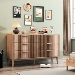 Commode 6 tiroirs en bois naturel, design, grande capacité de rangement, structure robuste et stable pour chambre ou salon