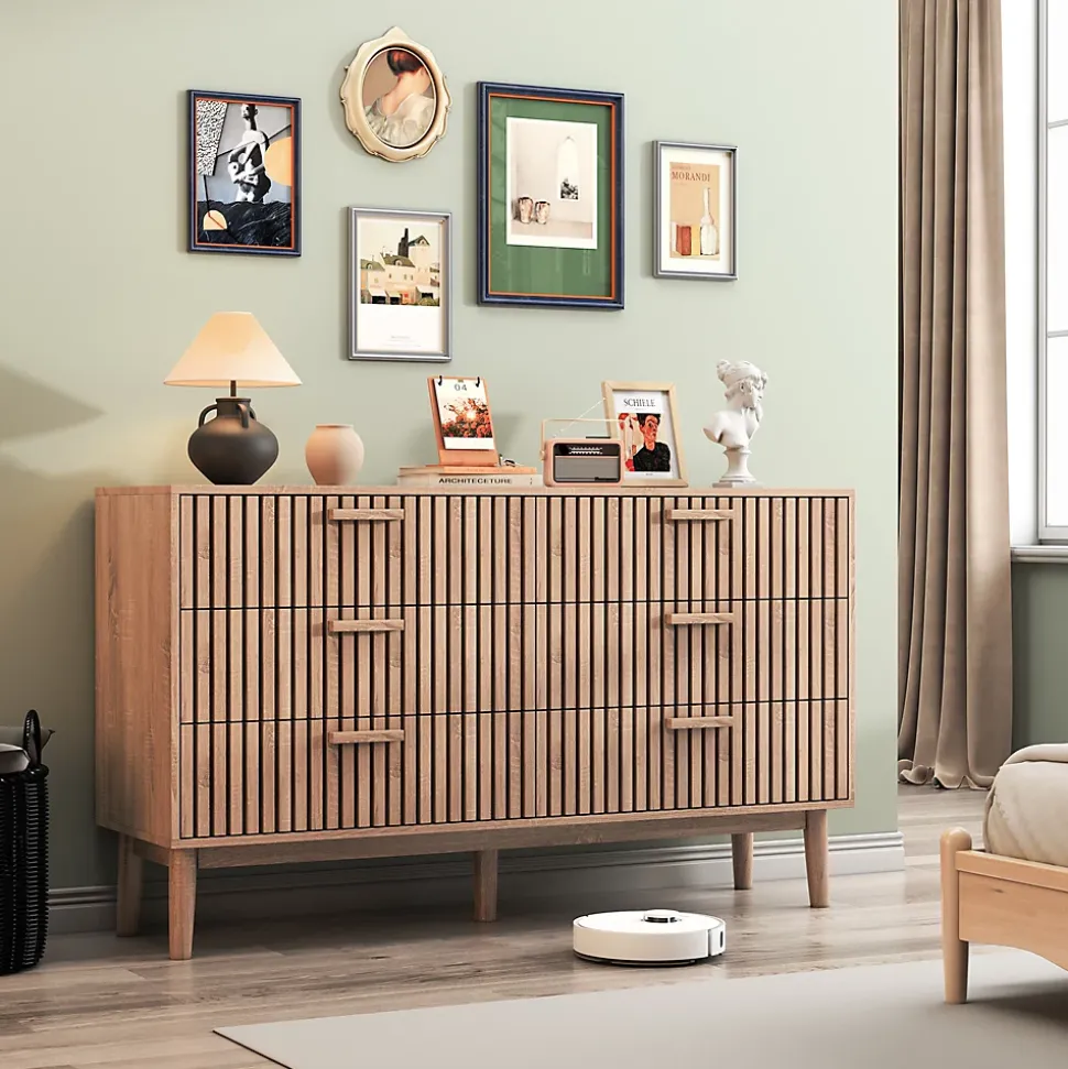 Commode 6 tiroirs en bois naturel, design, grande capacité de rangement, structure robuste et stable pour chambre ou salon