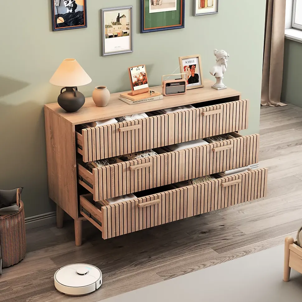 Commode 6 tiroirs en bois naturel, design, grande capacité de rangement, structure robuste et stable pour chambre ou salon