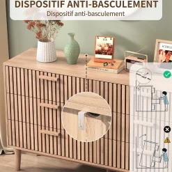 Commode 6 tiroirs en bois naturel, design, grande capacité de rangement, structure robuste et stable pour chambre ou salon