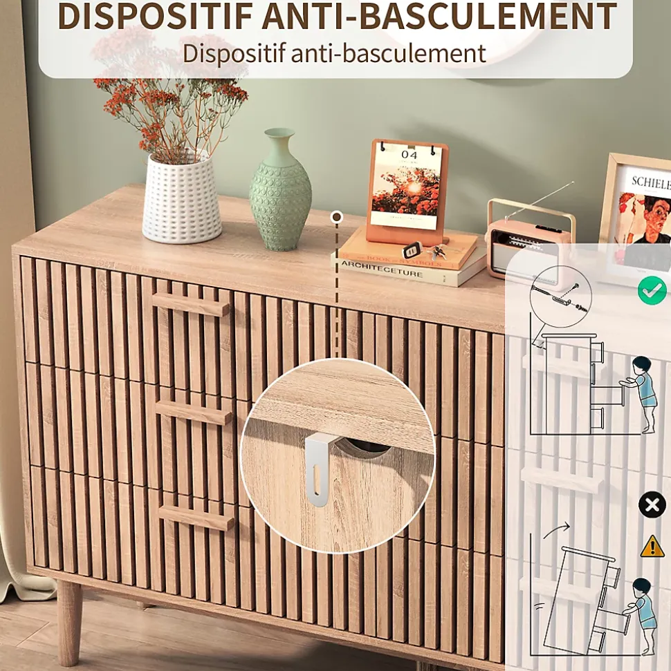 Commode 6 tiroirs en bois naturel, design, grande capacité de rangement, structure robuste et stable pour chambre ou salon