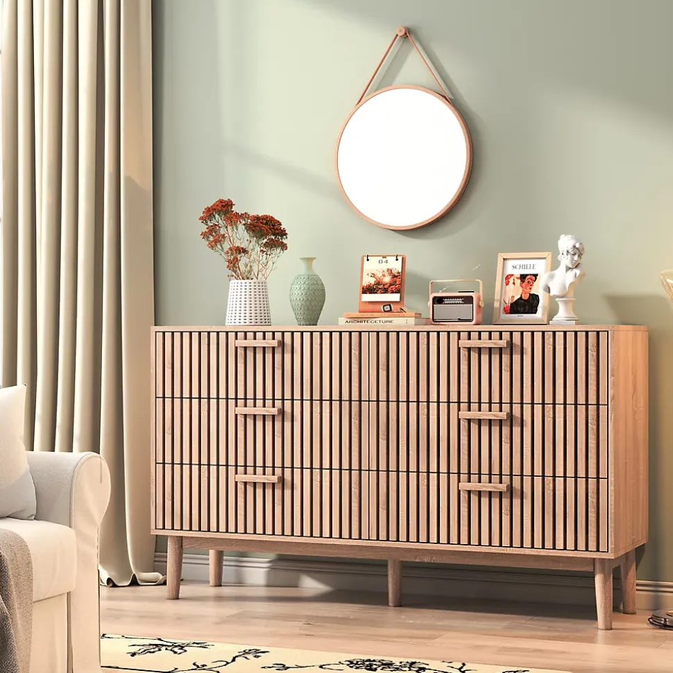 Commode 6 tiroirs en bois naturel, design, grande capacité de rangement, structure robuste et stable pour chambre ou salon