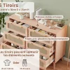 Commode 6 tiroirs en bois naturel avec façades en rotin tressé, cadre en bois massif
