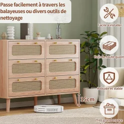 Commode 6 tiroirs en bois naturel avec façades en rotin tressé, cadre en bois massif