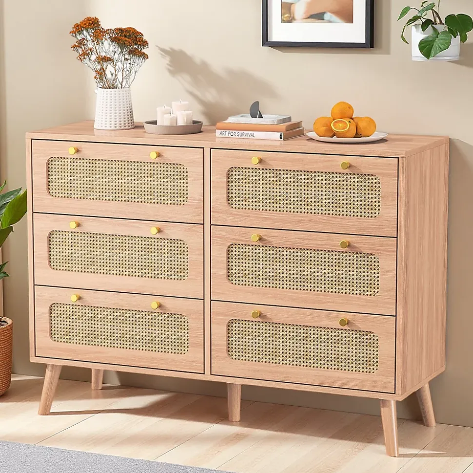 Commode 6 tiroirs en bois naturel avec façades en rotin tressé, cadre en bois massif