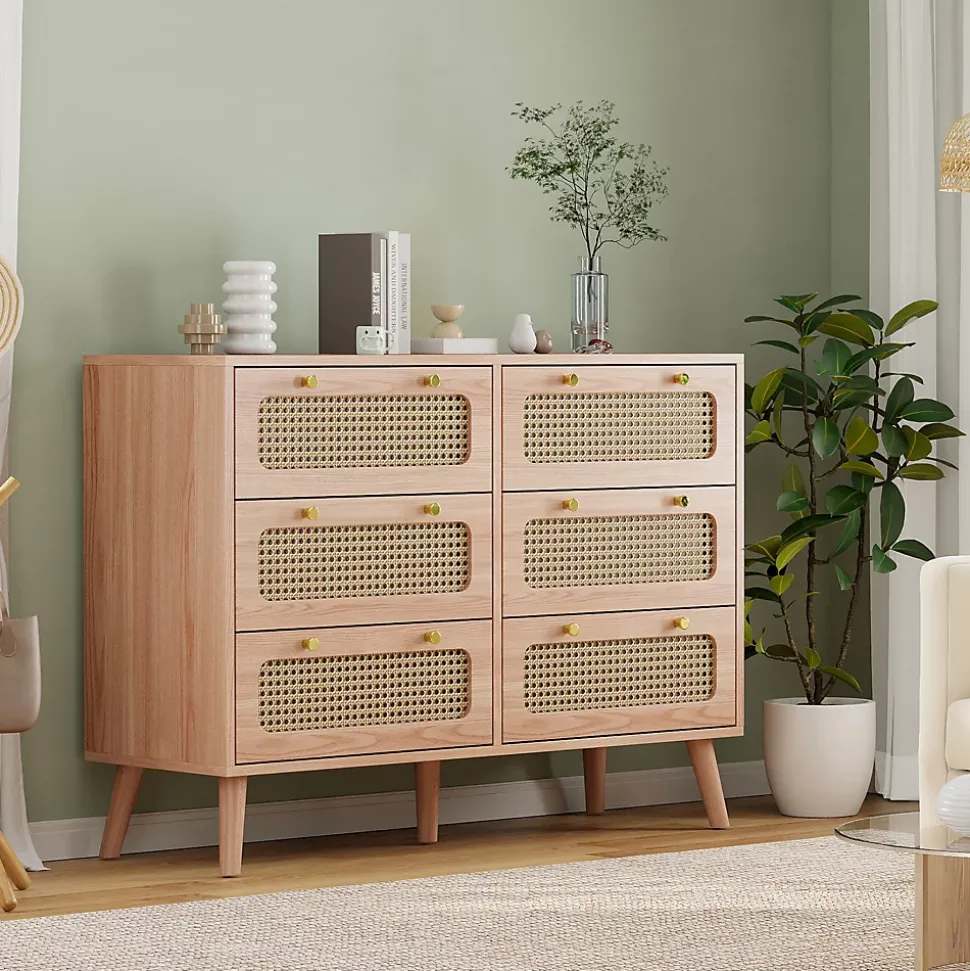 Commode 6 tiroirs en bois naturel avec façades en rotin tressé, cadre en bois massif