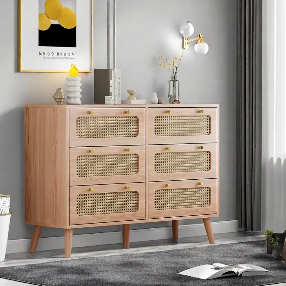 Commode 6 tiroirs en bois naturel avec façades en rotin tressé, cadre en bois massif