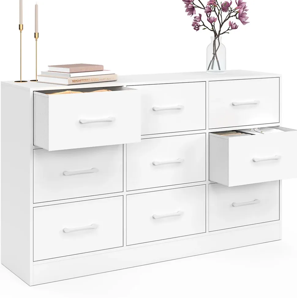 Commode 9 tiroirs en tissu UPPAH 113 cm meuble de rangement bois blanc