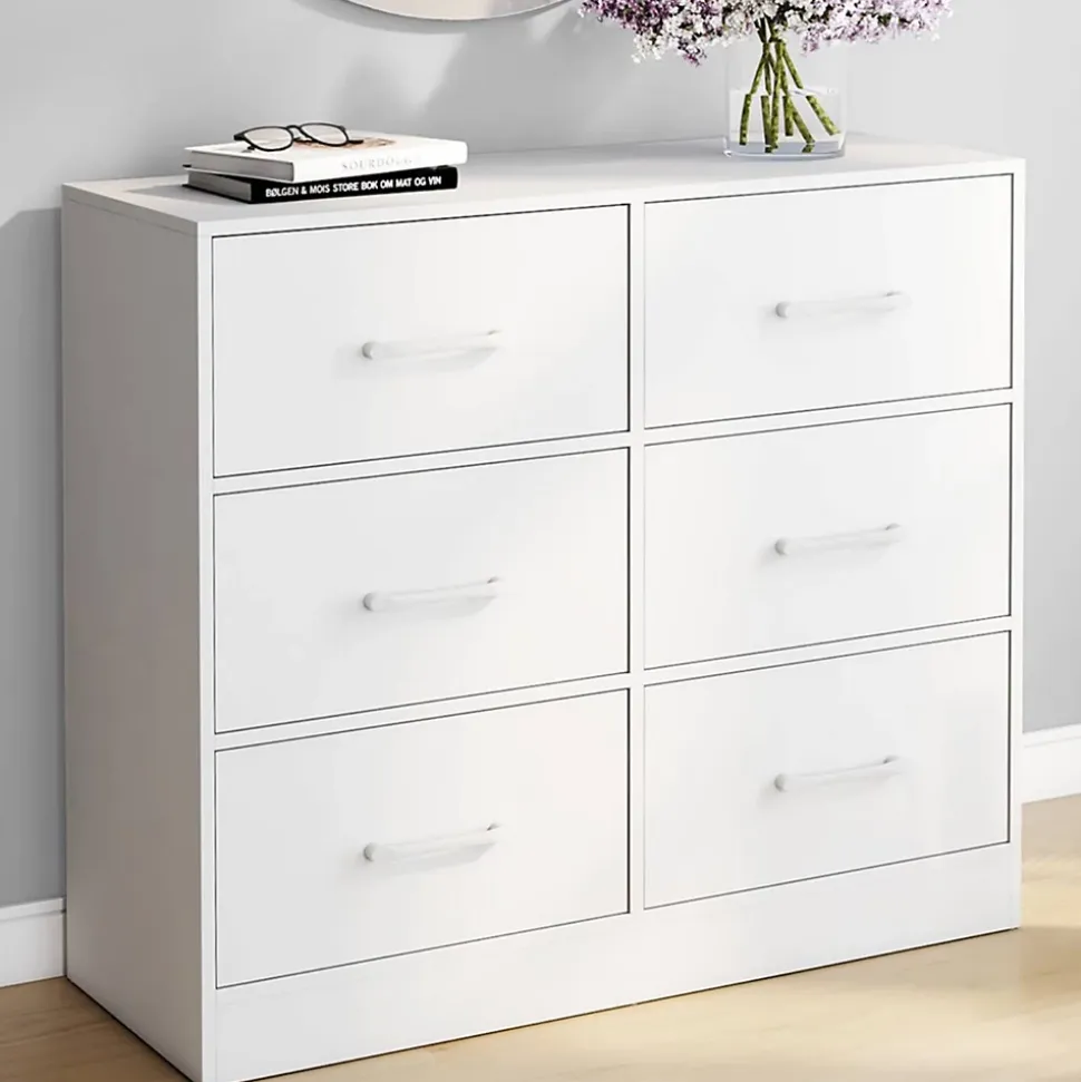 Commode 6 tiroirs en tissu UPPAH 80 cm meuble de rangement bois blanc