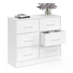Commode 6 tiroirs en tissu UPPAH 80 cm meuble de rangement bois blanc