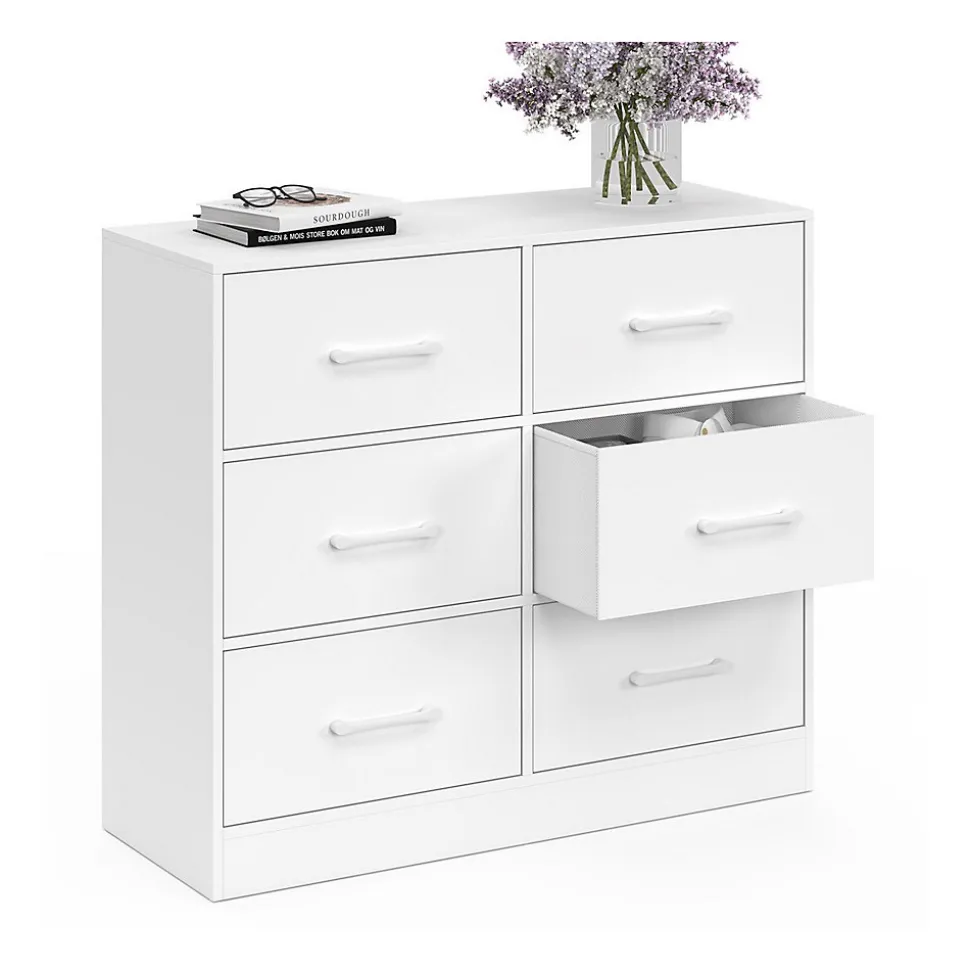 Commode 6 tiroirs en tissu UPPAH 80 cm meuble de rangement bois blanc