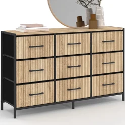 Commode 9 tiroirs en tissu UTAH 115 CM effet lattes meuble de rangement design industriel