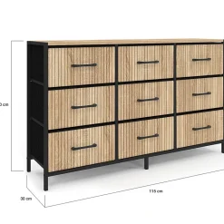 Commode 9 tiroirs en tissu UTAH 115 CM effet lattes meuble de rangement design industriel