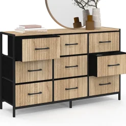 Commode 9 tiroirs en tissu UTAH 115 CM effet lattes meuble de rangement design industriel