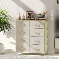 Commode 8 tiroirs en tissu beige 4 poches 2 crochets acier blanc effet bois