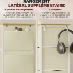 Commode 8 tiroirs en tissu beige 4 poches 2 crochets acier blanc effet bois