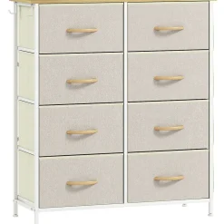 Commode 8 tiroirs en tissu beige 4 poches 2 crochets acier blanc effet bois