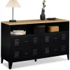 Commode 4 tiroirs ESTER 115 cm métal noir et plateau façon hêtre avec niche design industriel