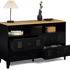 Commode 4 tiroirs ESTER 115 cm métal noir et plateau façon hêtre avec niche design industriel