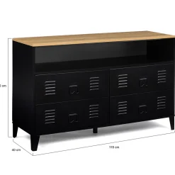 Commode 4 tiroirs ESTER 115 cm métal noir et plateau façon hêtre avec niche design industriel