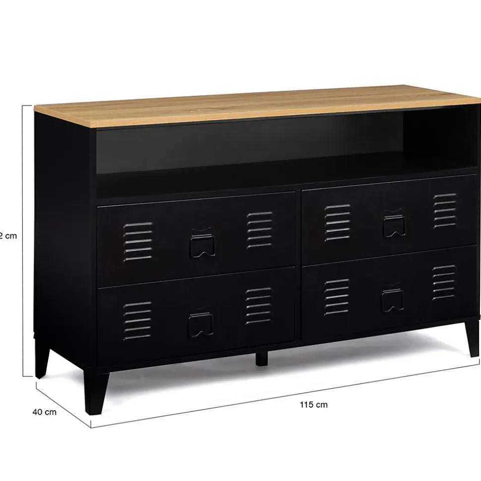 Commode 4 tiroirs ESTER 115 cm métal noir et plateau façon hêtre avec niche design industriel
