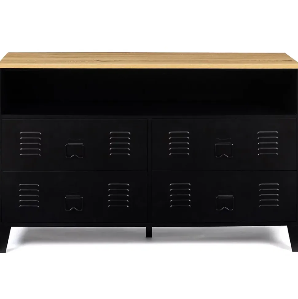 Commode 4 tiroirs ESTER 115 cm métal noir et plateau façon hêtre avec niche design industriel