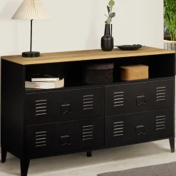 Commode 4 tiroirs ESTER 115 cm métal noir et plateau façon hêtre avec niche design industriel