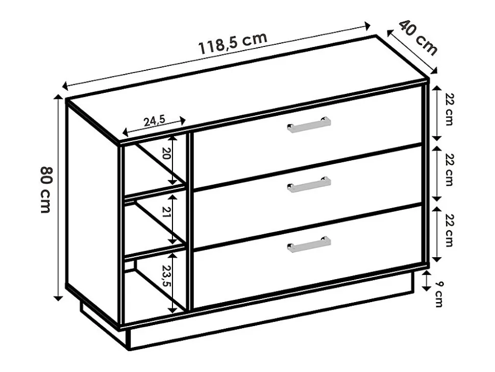Commode 3 tiroirs et 3 niches - Coloris : Naturel et anthracite - LEANDRE