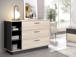 Commode 3 tiroirs et 3 niches - Coloris : Naturel et anthracite - LEANDRE