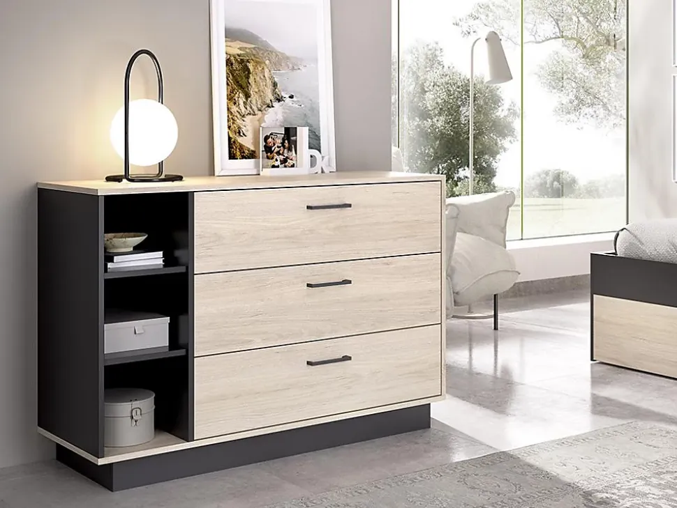 Commode 3 tiroirs et 3 niches - Coloris : Naturel et anthracite - LEANDRE