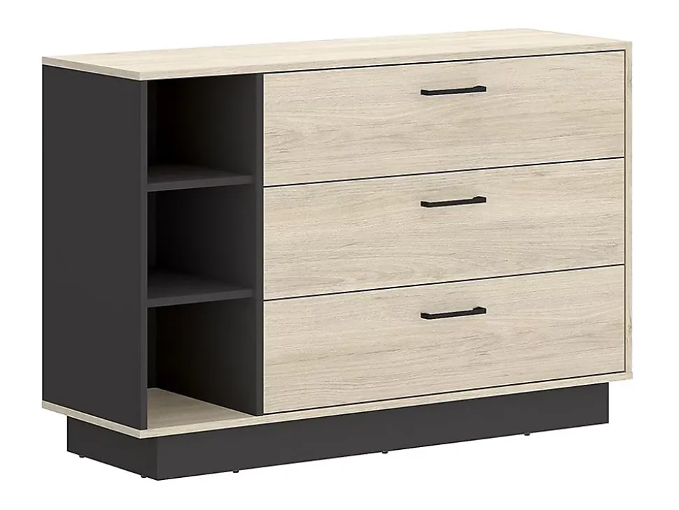 Commode 3 tiroirs et 3 niches - Coloris : Naturel et anthracite - LEANDRE
