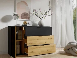 Commode 3 tiroirs et 1 porte - Noir et Naturel - TUNALO