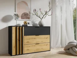 Commode 3 tiroirs et 1 porte - Noir et Naturel - TUNALO