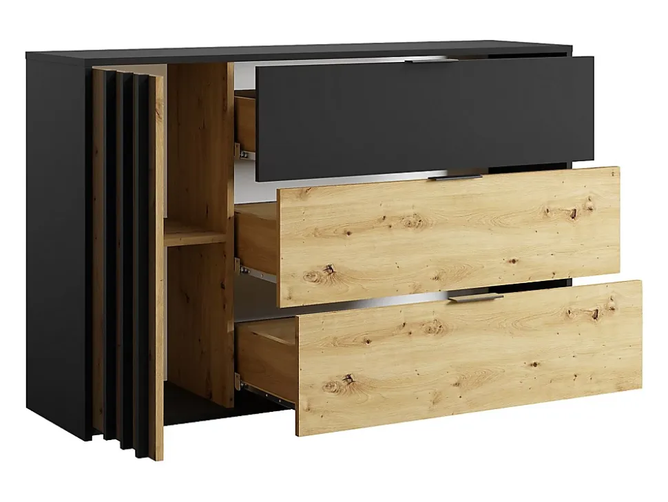 Commode 3 tiroirs et 1 porte - Noir et Naturel - TUNALO