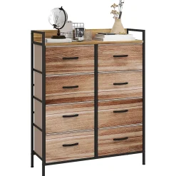 Commode 8 tiroirs et étagère - dim. 79L x 29l x 101H cm - châssis piètement métal noir tiroirs non tissés façades aspect bois
