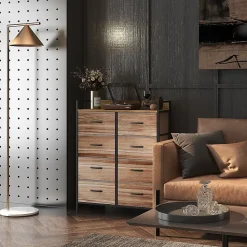 Commode 8 tiroirs et étagère - dim. 79L x 29l x 101H cm - châssis piètement métal noir tiroirs non tissés façades aspect bois