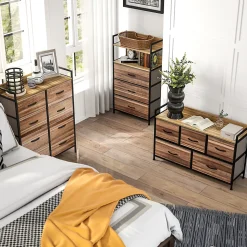 Commode 8 tiroirs et étagère - dim. 79L x 29l x 101H cm - châssis piètement métal noir tiroirs non tissés façades aspect bois