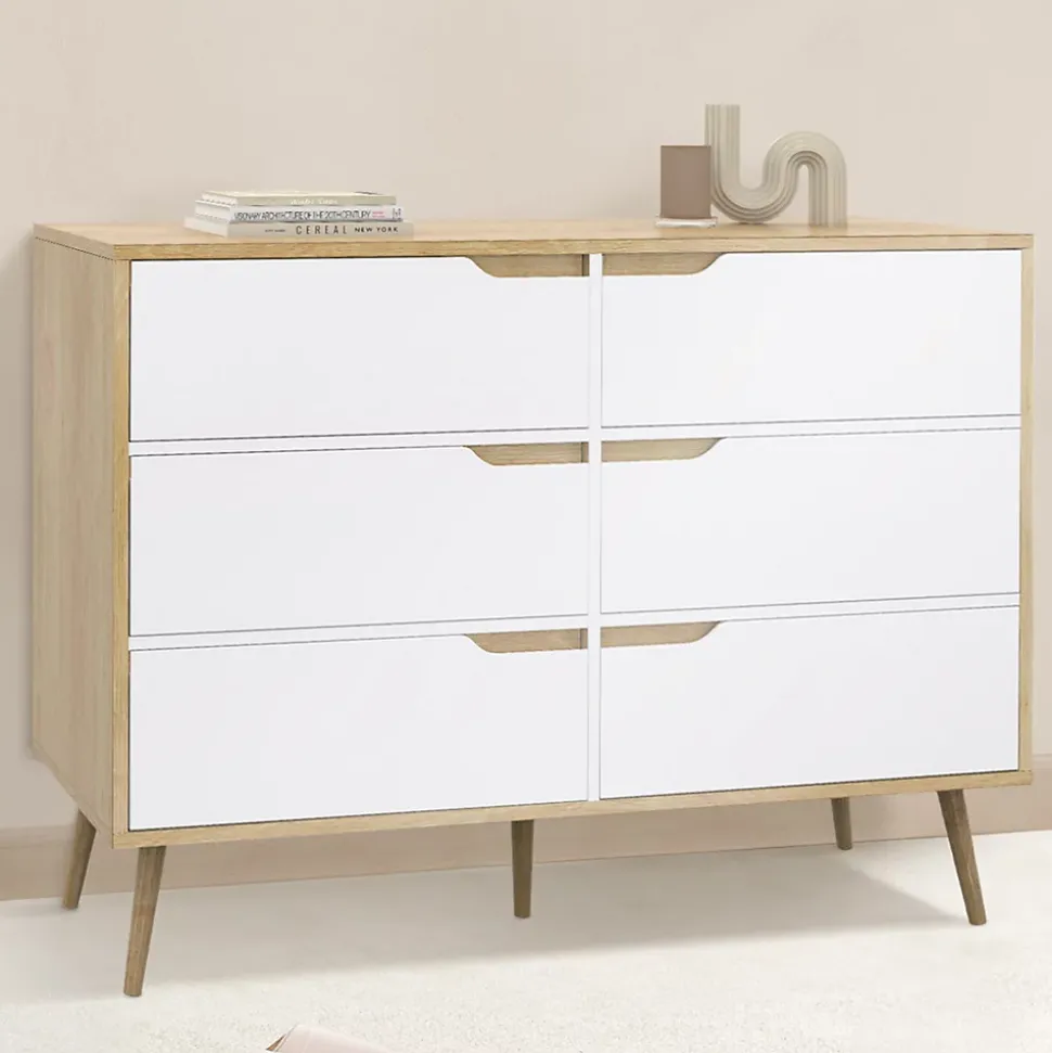 Commode 6 tiroirs HELSINKI 115 cm scandinave bois et blanc