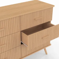 Commode 6 tiroirs JULIETTE 110 cm effet lattes tasseau bois coloris chêne