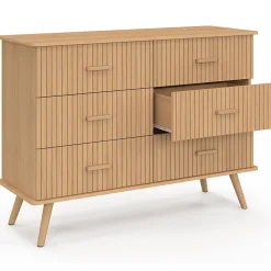 Commode 6 tiroirs JULIETTE 110 cm effet lattes tasseau bois coloris chêne