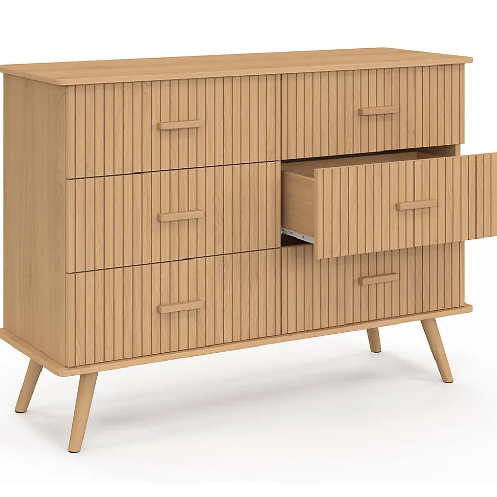 Commode 6 tiroirs JULIETTE 110 cm effet lattes tasseau bois coloris chêne